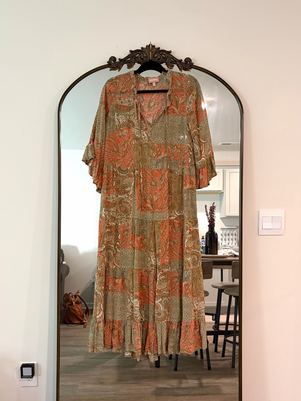 Show Me Your MuMu Boho Paisley Tiered Maxi Dress with Ruffled Bell Sleeves XS
